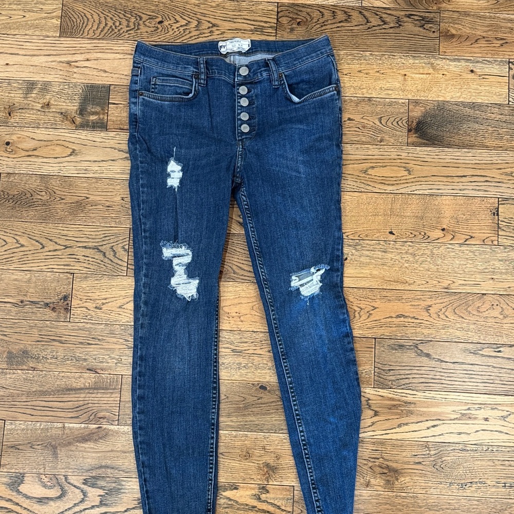Free People Dark Blue Distressed Skinny Jeans